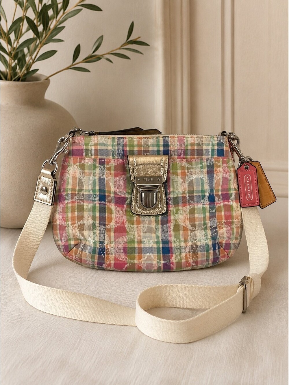Coach Poppy Madras Plaid Sequined Signature Crossbody Bag GUC